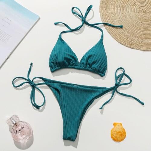 2021 New Solid Color Thread Fabric Triangle Strap Bikini Swimsuit Hot Sale Women Swumsuit Woman Sexy Swimwear Women