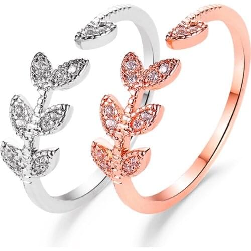New Womens Fashion Jewelry High Quality Crystal Zircon Branch Leaf Ring Adjustable Size Open Ring