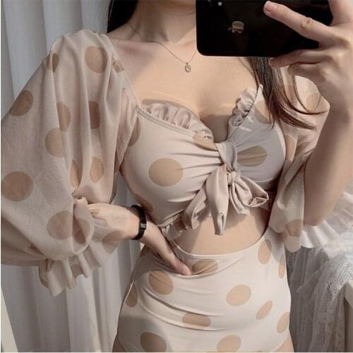 New Korea Light Color New Women One-piece High Waist Swimsuit for Girl Slim Gather Half Long-sleeved Swim Suit Vacation Swimwear