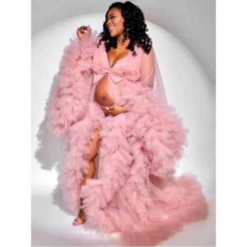 Sexy See Through Prom Dresses Robes Maternity Dress for Photo Shoot Ruffled Tulle Maternity Robes for Photography or Baby Shower