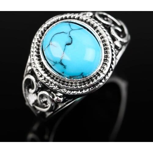 Vintage Oval Turquoises Rings for Women Carved Parttern Silver Plated Finger Ring Unisex Party Charm Jewelry Accessories Gift