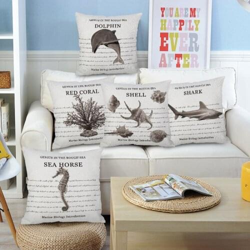Retro Vintage Sea Life Cushion Covers Starfish Turtle Dolphin Shell Coral Sea Horse Shark Cushion Cover Sofa Linen Pillow Case