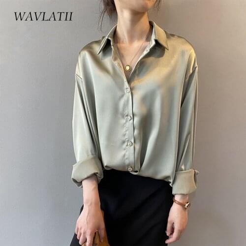 WAVLATII Women New Imitate Silk Shirts for Office Female High Street White Khaki Blouse Tops WST2103