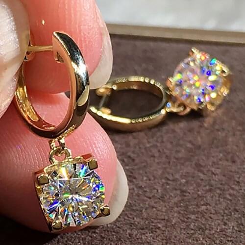 18K Yellow Gold 2 Carat Drop Clip Earrings Women Present Wedding Anniversary Engagement Party Each 1 Ct Round Moissanite Diamond