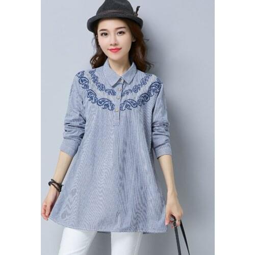 Fall Spring Casual Women Female Embroidery Striped Pleated Long Sleeve Linen Blouse Shirt , Woman 2XL Large Blue Long Blouses