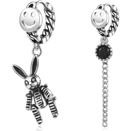 Vintage Smile Rabbit Asymmetric 925 Sterling Silver Hoop Earrings For Women Black Zircon Tassel Charms Jewelry Accessories