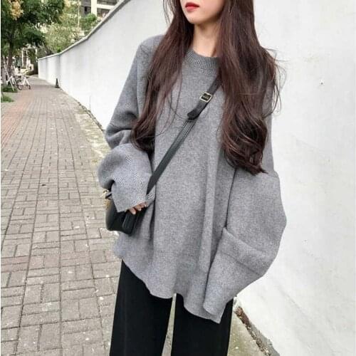 Female Knitting Sweaters Hot Sale O-neck Batwing Sleeve Casual Loose Korean Sweet Streetwear Women Side Slit Pullover Sweatar