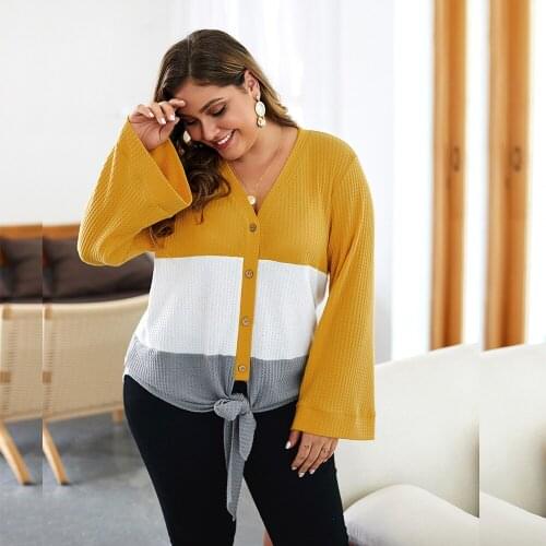 DOIB Women Autumn Sweaters Plus Size Three Color Patchwork Coloring Lantern Sleeve Autumn Large Size Sweaters 4XL