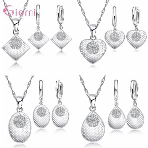 925 Sterling Silver Heart Oval Square Pendant Necklace Earrings Set For Women Girl White AAA Cz Crystal Jewelry Sets