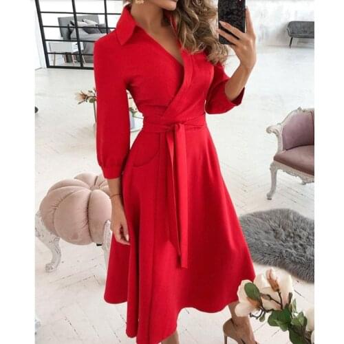 Women Solid Color Belt Turn-down Collar Prom Shirt Dress Fashion Elegant Dresses Ladies 3/4 Sleeve Ruffles Midi Dress Vestidos