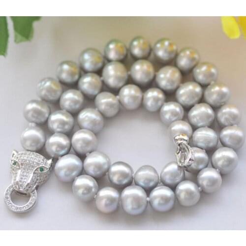Free shipping Natural breeding freshwater gray pearl 9-10MM 18" leopard head clasp