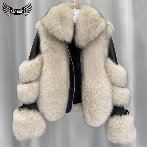 BFFUR 2020 Winter Fashion Women Real Fox Fur Coat Genuine Sheepskin Leather Jacket Natural Fox Fur Coats with Detachable Collar
