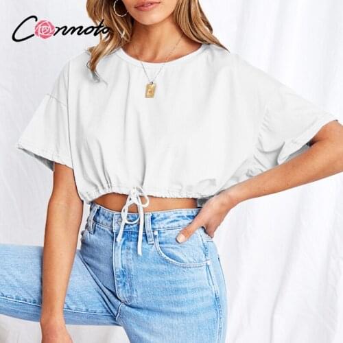 Conmoto Cotton O-neck short sleeve T-shirt Fashion Loose versatile crop tops Casual white short drawstring summer women T-shirt