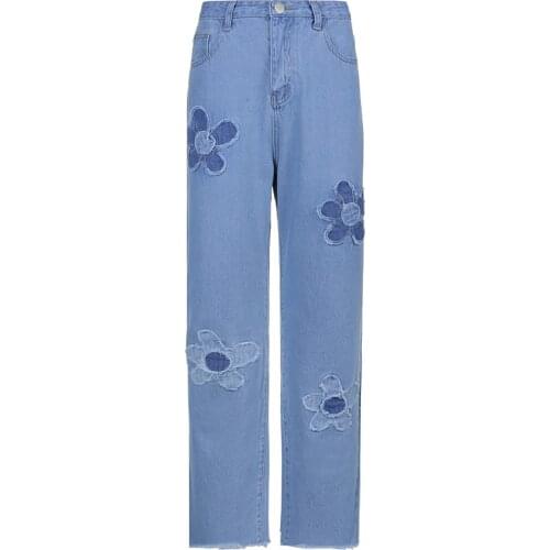 NEWDISCVRY Floral Patched Blue Jeans Aestehtic 90s Denim Trousers Vintage High Waisted Cargo Pants Women Korean Style Joggers