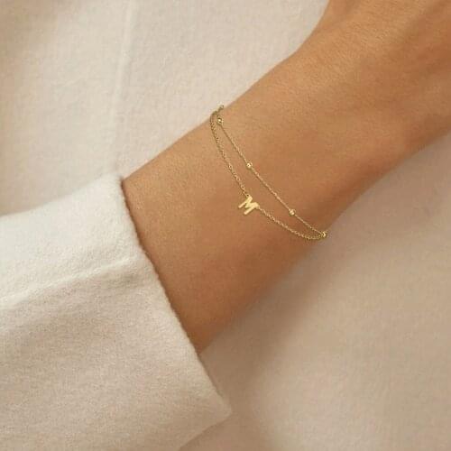 Fashion Womens Bracelets Stainless Steel Bracelets for Women 14K Gold Letter Alphabet Double Chain Bracelet for Women Pandora