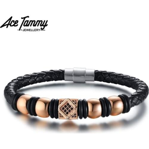 6MM Black Leather Fashion Bracelet for Men Polished Black Bead and Cubic Zirconia Bangle