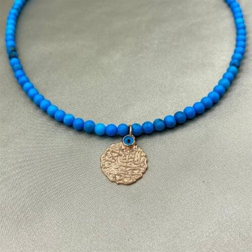 Rose Plated Turquoise Stone Embroidered Prayer Necklace