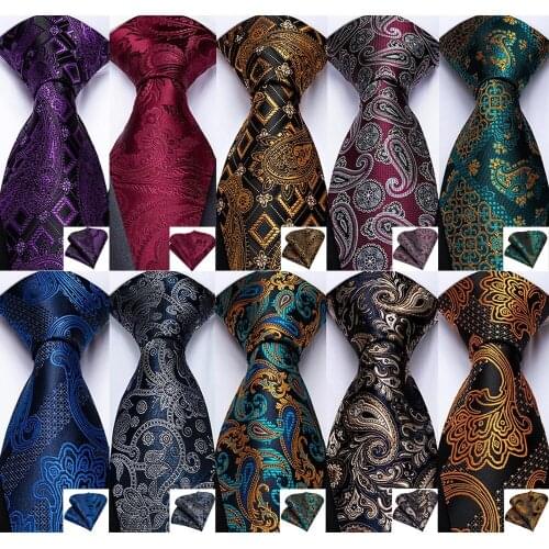DiBanGu Mens Necktie Black Gold Paisley Designer Silk Wedding Tie For Men Necktie Ring Hanky Cufflink Tie Set Business Party