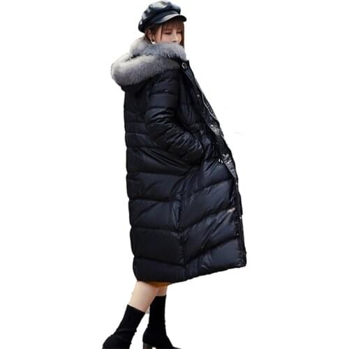 2019 Winter New Fox Fur Collar White Duck Down Jacket Long Section Tie Waist Coat White black green