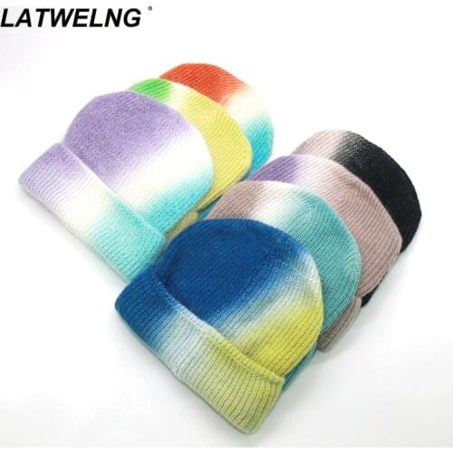 Wholesale Fashion Tie-dye Beanies Female Knitted Winter Warm Hat Women Real Rabbit Winter Hats Man Hedging Cap 7 Colors