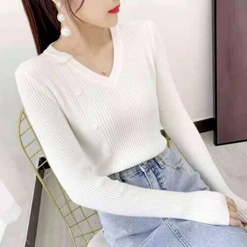 2021 Autumn and Winter Knit Sweater New V-neck Long Sleeve Sweater Women Slim Pullover Casual Bottoming Shirt Female Chic 15826