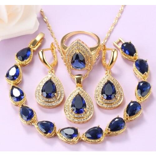 African Beaded Necklace Earrings Bridal Jewelry Sets Gold Color Water Drop Blue Cubic Zirconia Bracelet And Ring Women Sets