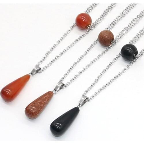 Natural Stone Crystal Pendant Silver Color Necklace Double Drop-shaped Round Bead Necklaces for Women Charms Jewelry Accessories