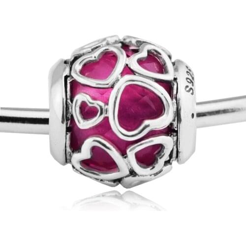 QANDOCCI 925 Sterling Silver Cerise Encased In Love Cerise Crystal Charms Bead Fits Bracelets Diy Jewelry Making