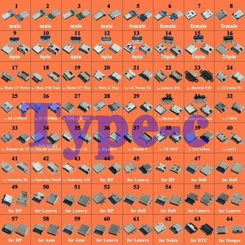 64Model Micro USB Type C Connector 6P 16Pin Male Female Charge Charging Dock port Plug Socket jack for Xiaomi Redmi Huawei Moto