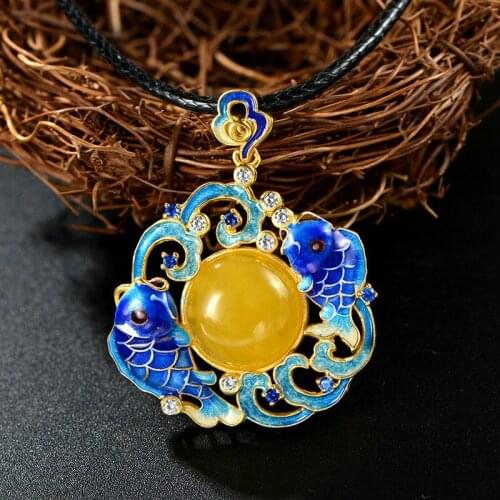 Retro Thai Silver Carp Cloisonne Enamel Pendant S925 Sterling Silver Inlaid Natural Agate Women Pendant Jewelry Wholesale