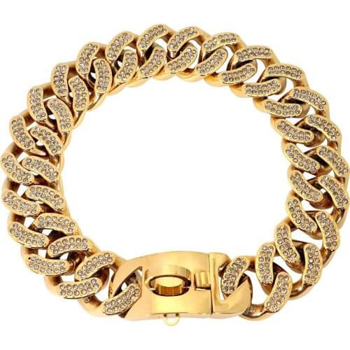 Luxury Rhinestone Dog Collar Chain Bling Diamond Customized 32mm Stainless Steel Pet Dog Collar Leash Bulldog Pitbull French