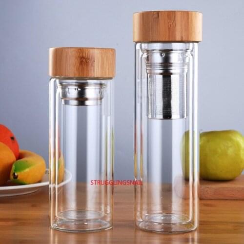 Tea Bottle Glass Bottled Water Bottle Infuser with Filter Strainer Borosilica Double Wall Drink Bamboo Lid 450ml Car Drinkware