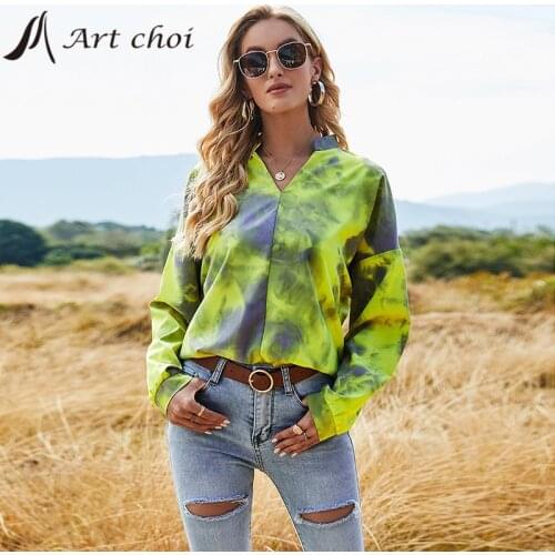 2021 Summer Women Casual Tie-Dye T-Shirts Elegant Ladies Long Sleeve Tops V Neck Female Fashion Pullover Shirts All-Match Green