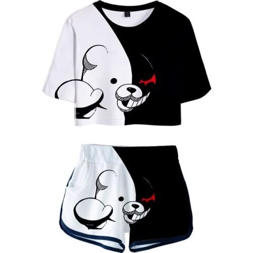Anime Danganronpa Monokuma Crop T Shirt Shorts 3D 2 Piece Sets Women Cosplay Costume Sexy tops Funny Pajamas Sportwear