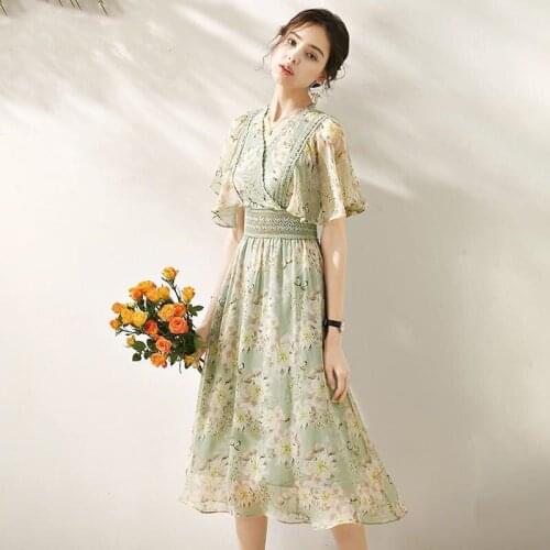 2021 New Summer Women Fashion Cross V-Neck Dresses Lady Floral Print Dress Female Elegant High Elastic Waist Loose Robes B43