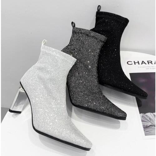 2020 Women Fetish Stretch Knitting Sock Boots Chunky Metal Thick Block 9.5cm High Heels Short Ankle Boots Stripper Slim Shoes