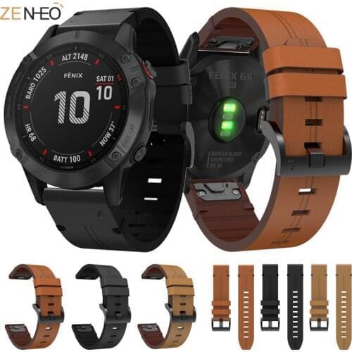 26mm Leather Watchband Strap for Garmin Fenix 6X/6X Pro/5X/5X Plus/3/3HR Smart Watch Band Quick Fit Replace Wrist Bracelet