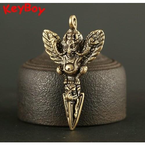 Antique Brass God of Eagle Cross Vajry Pestle Key Chain Pendant Lucky Feng Shui Charms Copper God of Elephant Pestles Keyrings