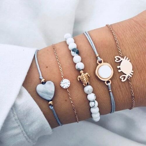 Miss JQ Elegant Gray Beads Bracelets Boho Creative Charm Turtle Love Heart Inlay Crystal Bracelets Set for Women Fashion Jewelry
