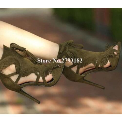 Brand Fashion Women Peep Toe Suede Leather Tassels Stiletto Heel Gladiator Short Boots Cut-out Fringes High Heel Ankle Booties