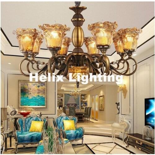 European Anti-Brass Color Chandelier Lamp, 5/6/8/10 Heads Lights, Modern Decora Glass Lamp AC 110V/220V E14 LED 100% Guaranteed