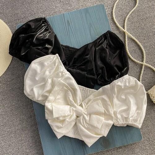 European Summer New Puff Sleeve Chest V-neck Bowknot High Waist Short Navel All-match Shirts Women Tops Women Fashion 2021