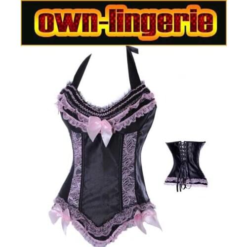 Hot Sales Sexy Black/Pink Lace Up Back Satin Boned Overbust Waist Cincher,Neck Halter Corset Shaper Free Shipping w3241