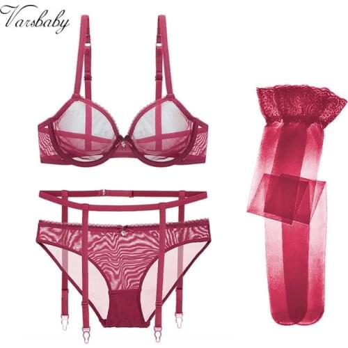 Varsbaby sexy transparent unlined breathable bra set bras+garters+panties+stockings 4 pcs