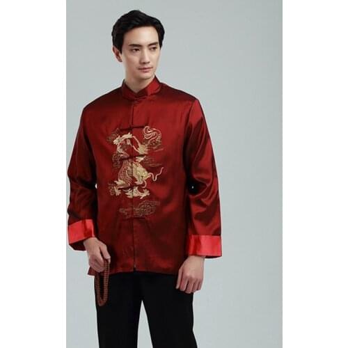 Middle-aged And Elderly Tang Suit Jacket Men Long-sleeved Shirt Chinese Traditional Cheongsam Tops Retro Embroidered Dragon