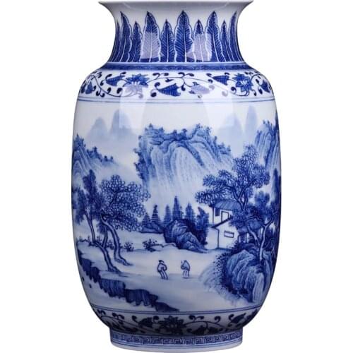 Creative Chinese Hand Painted Porcelain Flower Vase Blue and White Rivers And Mountain Pattern Tabletop Vase Home Office Decor