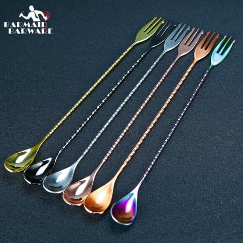 Cocktail Spoon Bar Spoon Stainless Steel Mixing Spiral Pattern Bar Tool Bartender Tools Spoon With Fork