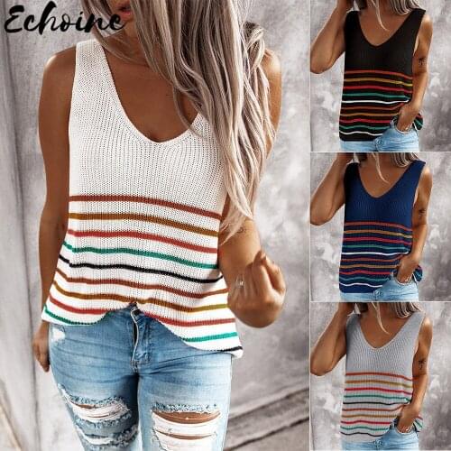 Echoine Sexy Stripe knitted V Neck Tank Vest Top Sleeveless Spaghetti Straps Button Down Fashion Blouse Holiday Casual Outfits