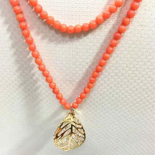 Fashion Orange Red Artificial Coral Design 6mm Round Beads Crystal Leaf Cage Women Long Chain Pendant Necklace 32inch B981