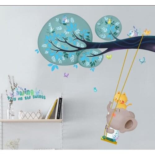 DIY Cartoon Childrens Room Baby Bedroom Animal Wall Sticker Cute Baby Elephant Swing Decoration Kindergarten home decor